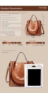 Detailed chart showing brown oil wax leather bucket bag dimensions and internal structure
