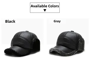Detail of warm winter baseball caps with faux leather texture and ear flaps