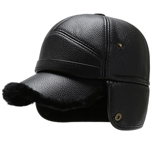 Winter black leather baseball cap for men with warm earflaps and faux fur lining