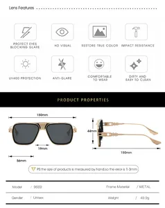 Detailed size chart for square metal sunglasses showing dimensions and technical specs