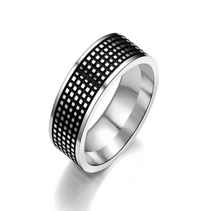 Macro detail of silver titanium steel ring featuring black grid textures and polished finish