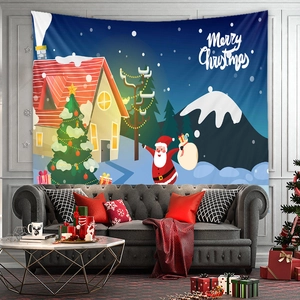 Christmas tapestry with Santa Claus and cozy snow cabin wall hanging decor for living room