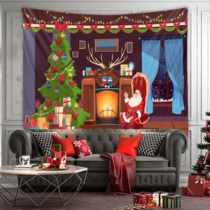 Christmas wall tapestry with Santa and tree decor hanging above a grey sofa
