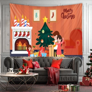 Cozy living room interior featuring a cartoon Christmas tapestry with fireplace and tree decor