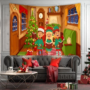 Detailed view of Christmas tapestry with cartoon elves and cozy fireplace interior