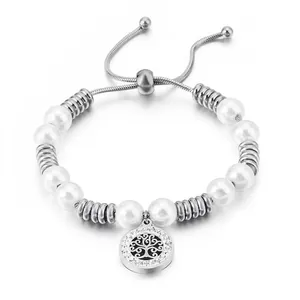 Tree Of Life Pendant Bracelet Stainless Steel Faux Artificial Pearl Rhinestone Adjustable Slider Snake Chain Elegant Jewelry For Women