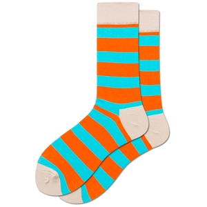 Detail of vibrant orange and blue striped crew socks with contrasting off-white heels