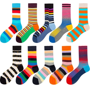 Flat lay set of ten pairs colorful striped cotton blend mid-calf crew socks