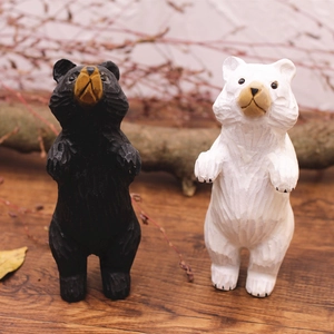 Figurines d'ours en bois sculptées à la main en noir et blanc pour la maison