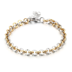 Minimalist titanium steel bracelet with interlocking gold and silver rings on white background