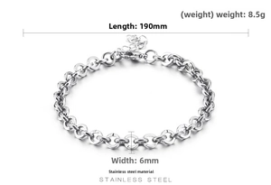 Detailed specs of stainless steel link bracelet with 190mm length and 6mm width