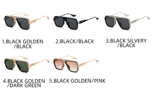 Detail view of square pilot sunglasses showing industrial metal rims in five color variants