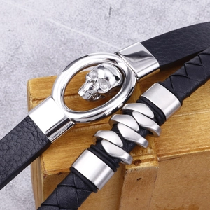 Men's double-layer black woven leather bracelet with silver skull metal charm and rings