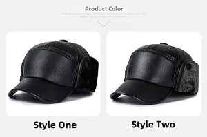 Detailed view of winter PU leather baseball cap with two types of thick warm fleece lining