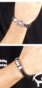 Men's black leather skull bracelets featuring braided straps and silver magnetic clasps