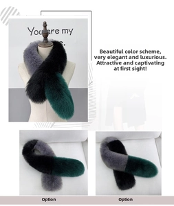 Detailed comparison of two color-blocked faux fox fur scarves in grey, black and green