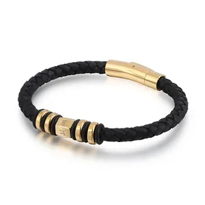 Retro Punk Men Braided Genuine Leather Bracelet With 316L Stainless Steel Mantra Engraved Magnetic Clasp Jewelry