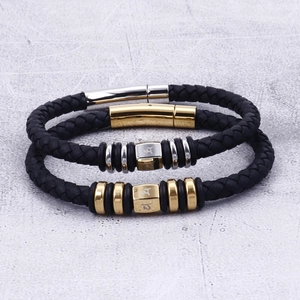 Retro punk black leather braided bracelet with gold and silver magnetic steel clasps