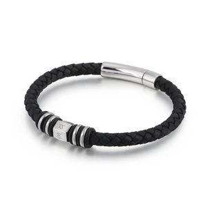 Vintage punk black leather braided bracelet for men with silver stainless steel clasp