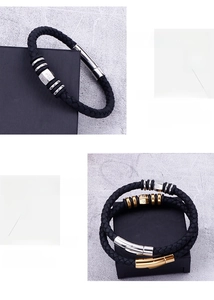 Detail of vintage punk braided black leather bracelet with embossed metal clasp closures