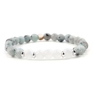 Detailed macro view of moonstone beaded bracelet with silver metal spacers on white background