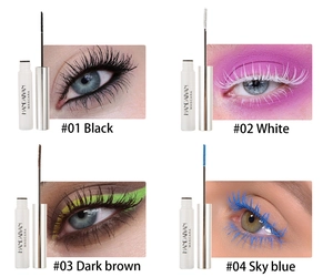 Detailed comparison showing waterproof mascara in black, white, dark brown and sky blue