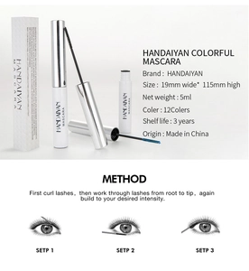 Detail view of colorful mascara tube with English specifications and usage instructions