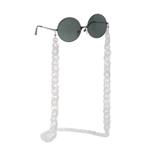 Detail of translucent frosted white acrylic glasses chain with black rubber connectors