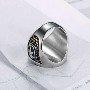 Vintage men's stainless steel ring featuring a red cross with gold brick texture details