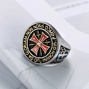 Knights Templar Cross Signet Ring Stainless Steel Red Enamel Inscribed Vintage Biker Ring For Men