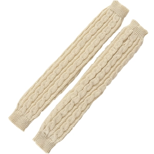 Detailed view of thick cable knit texture on warm beige winter arm warmers