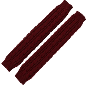 Detailed cable knit texture on burgundy winter warm fingerless long gloves
