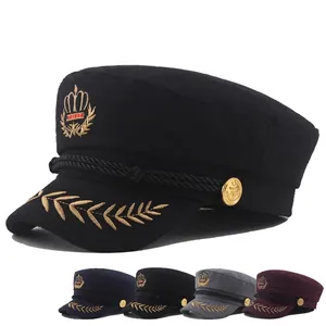Military Style Sailor Captain Hat Woolen Blend Flat Top Cap With Crown Wheat Embroidery For Unisex Adults