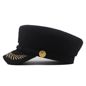 Classic black wool flat top captain hat with gold embroidery and decorative cord