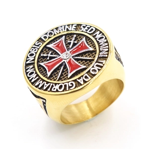 Men's vintage stainless steel gold ring with red Maltese cross and Latin engraving