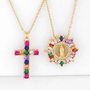 Religious Cross Virgin Mary Pendant Necklace Copper Plated 18K Gold With Colorful Zircon Vintage Jewelry For Women