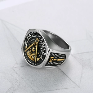 Silver and gold stainless steel Freemason Past Master ring featuring engraved compass symbols