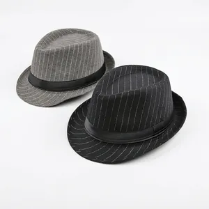 Classic pinstripe men's fedora hats in black and grey with satin ribbon detail