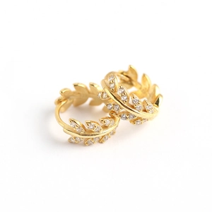 Elegant gold S925 sterling silver olive leaf hoop earrings with sparkling zircon stones