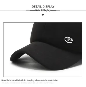 Detail display of durable sandwich brim and metallic logo on winter baseball cap