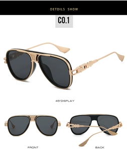 Detailansicht der Gold-Aviator-Sonnenbrille mit mechanischen Bügeltexturen und Rückansicht