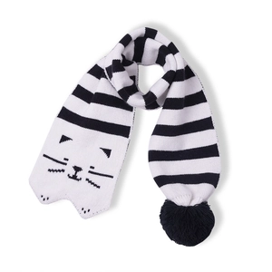 Gestreifter Kinder-Strickschal mit süßem Katzenmotiv und flauschigem schwarzem Bommel