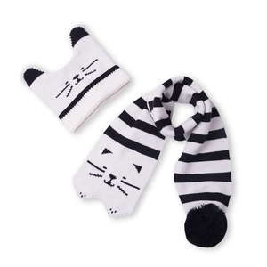 Winter-Strickmütze und Schal-Set für Babys mit süßem Katzenmuster und Bommel