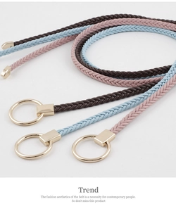 Three woven waist belts in dark brown, light blue, and pink with gold round buckles