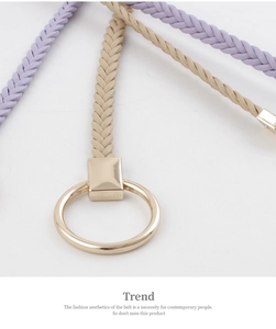 Detail of thin woven waist belt with round gold metal buckle in purple and beige