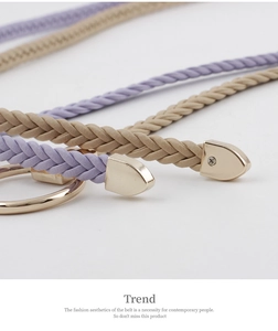 Close-up of woven belts in purple and beige featuring round golden metal buckles