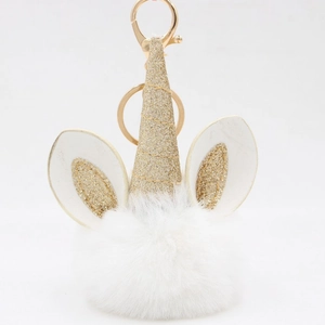 Unicorn white faux fur pompom keychain with gold sequin horn and ears for bag decoration