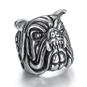 Retro stainless steel American Bully pitbull ring with detailed 3D animal carving