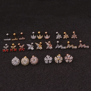 Zircon stainless steel stud earrings in cherry, crown and star shapes for cartilage piercing