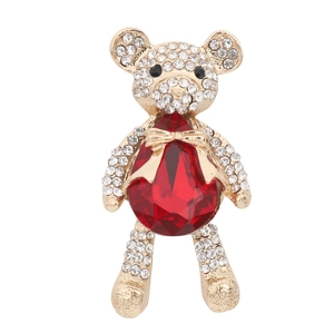 Golden bear charm with red pear-shaped crystal and sparkling rhinestones for DIY crafts